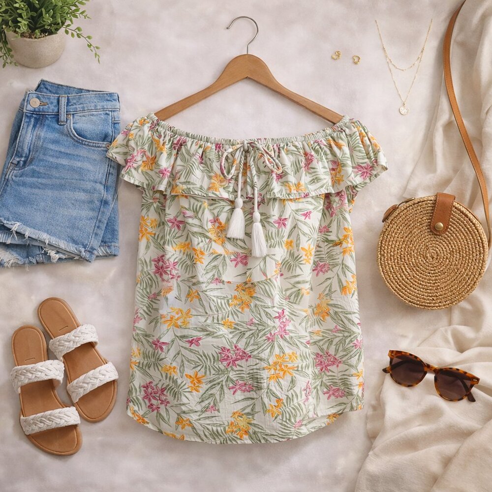 💜 Floral Off-Shoulder Ruffle Blouse with Tassel Tie – Women’s Size M